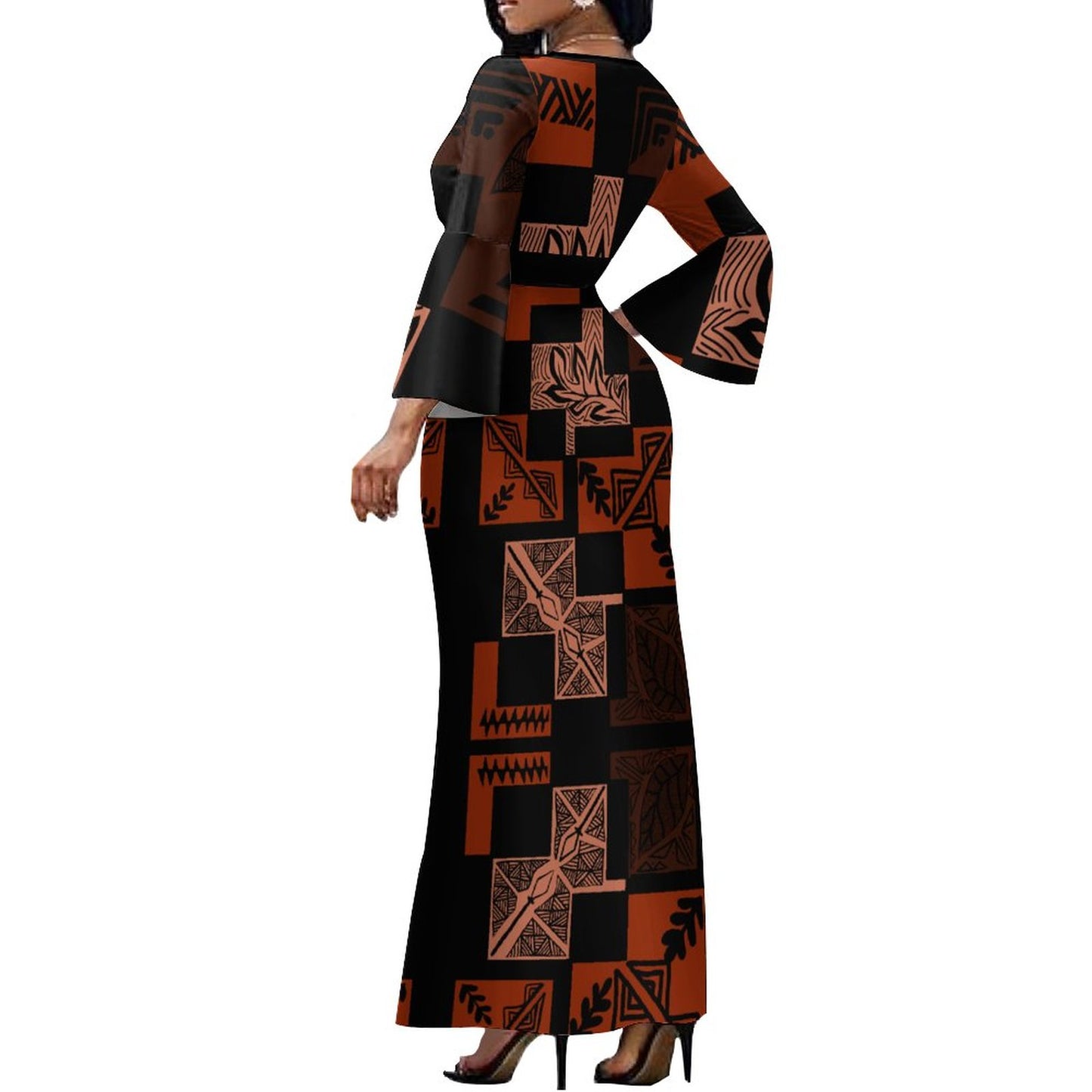 Robe longue noir col croisé / motif tapa