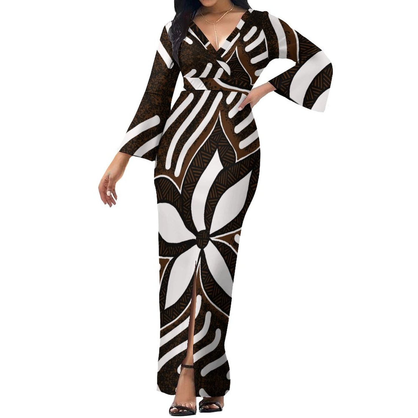 Robe longue col croisé/motif fleur gatu