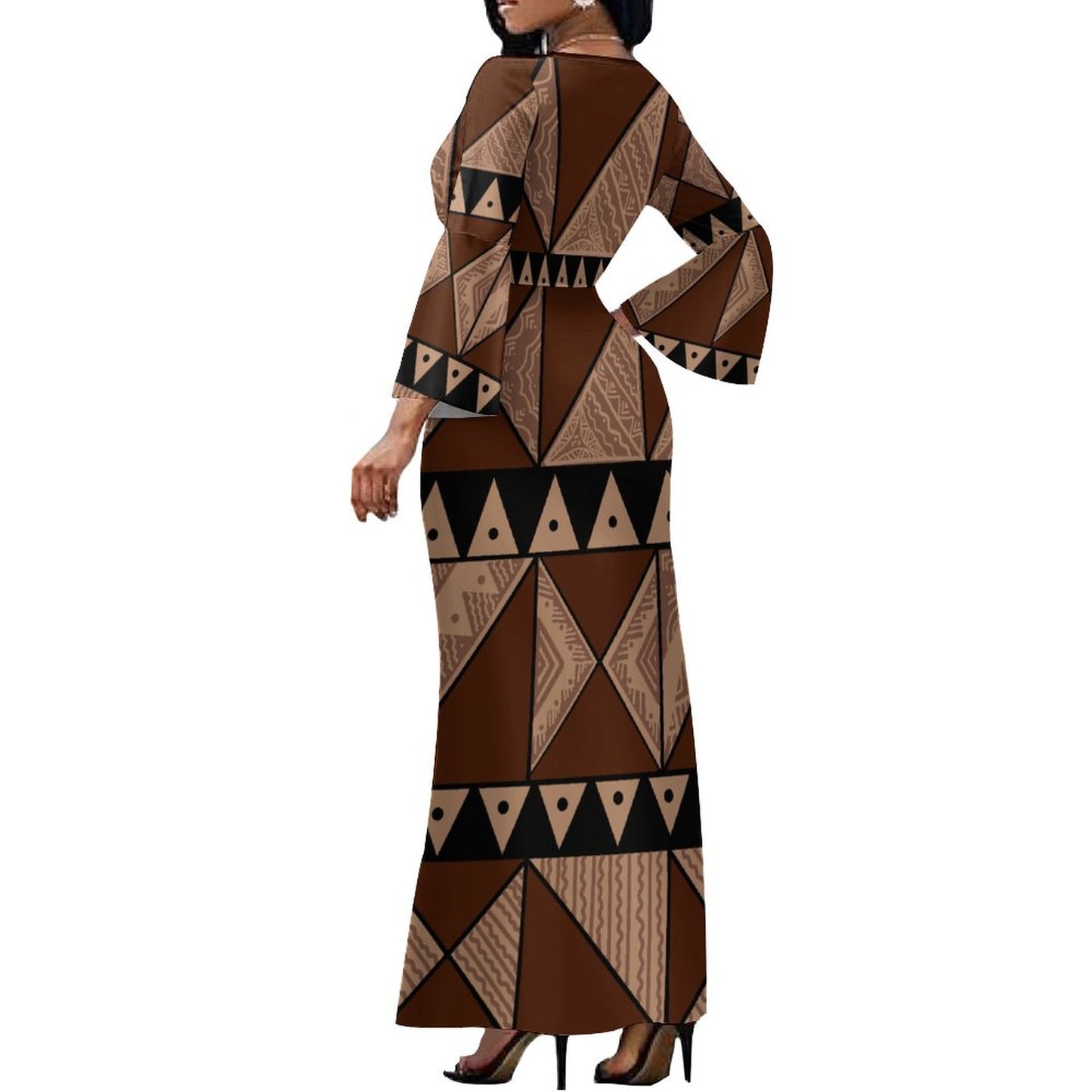 Robe longue beige col croisé/motif gatu
