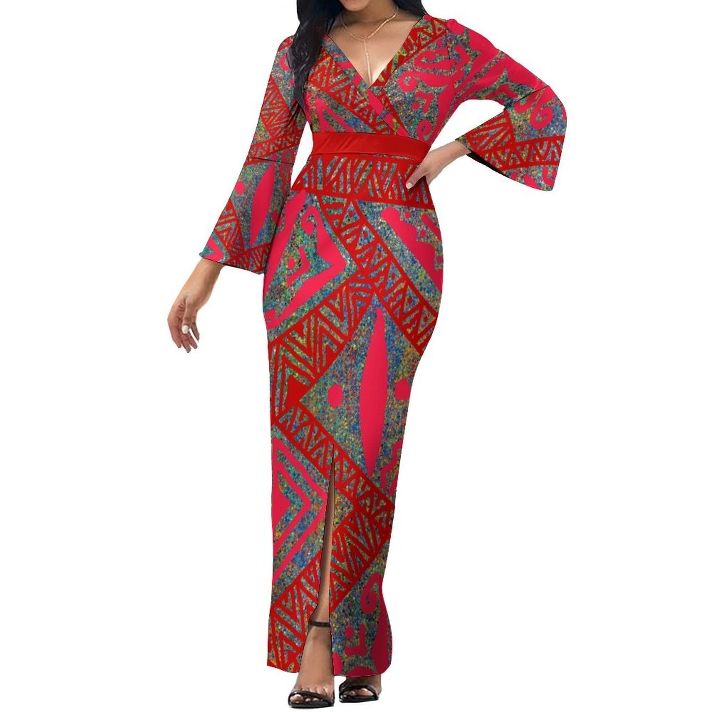 Robe longue rouge col croisé