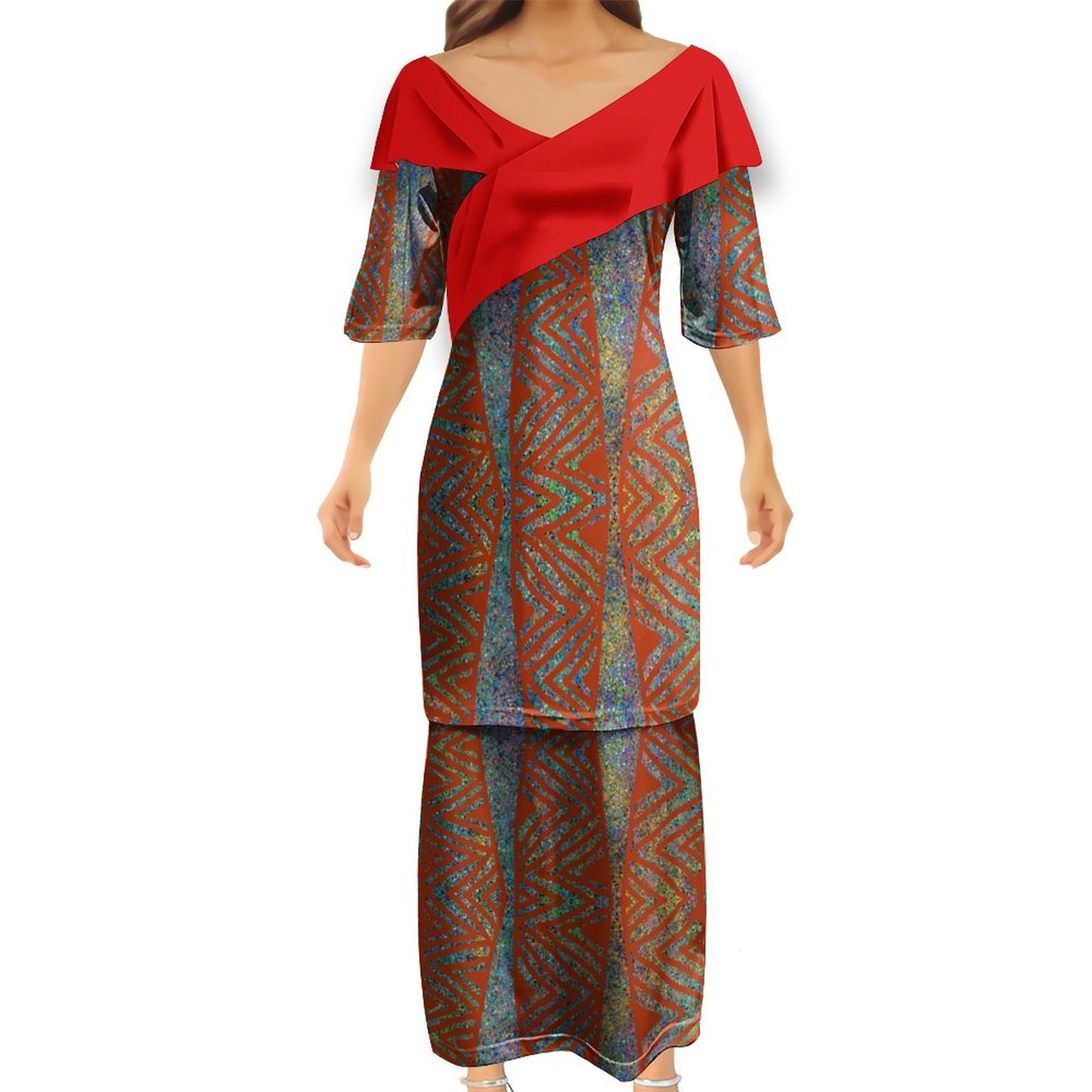 Ensemble kati rouge haut col croisé/jupe motif gatu