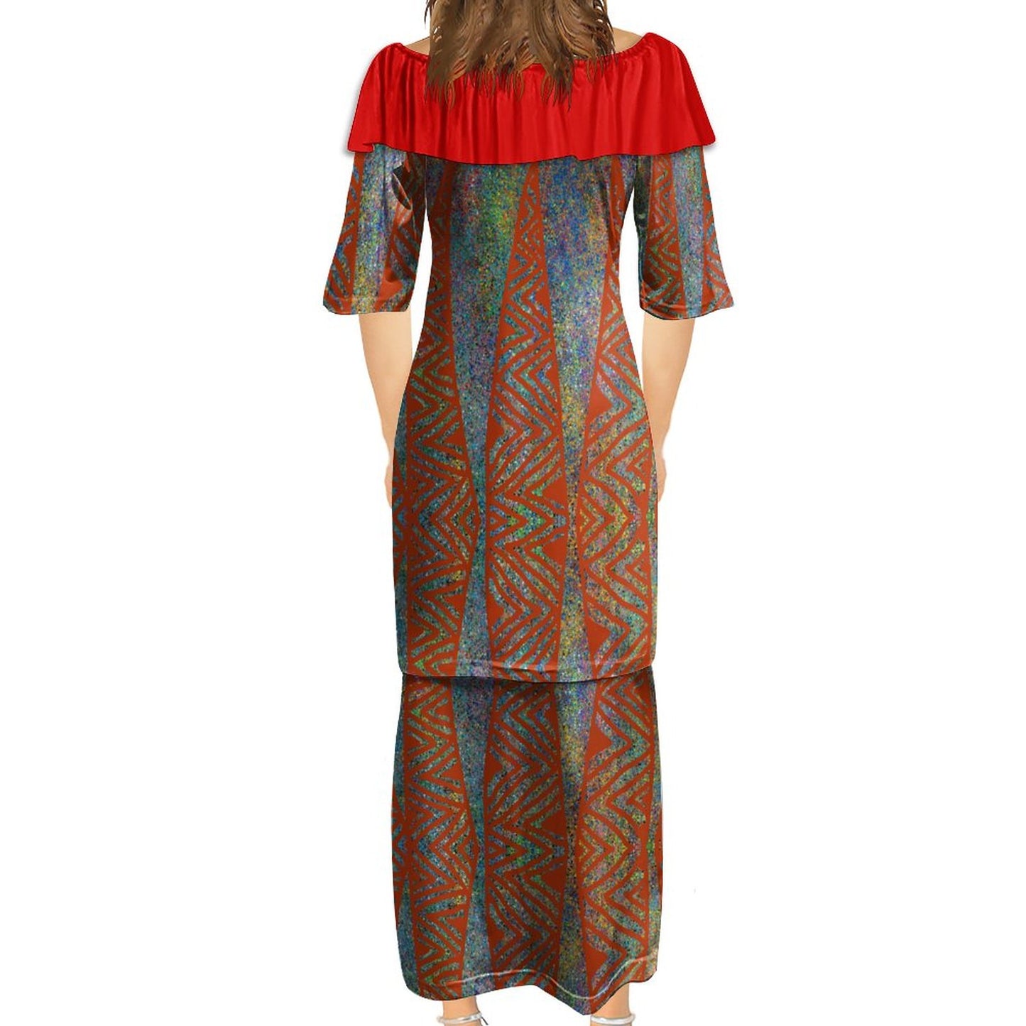 Ensemble kati rouge haut col croisé/jupe motif gatu