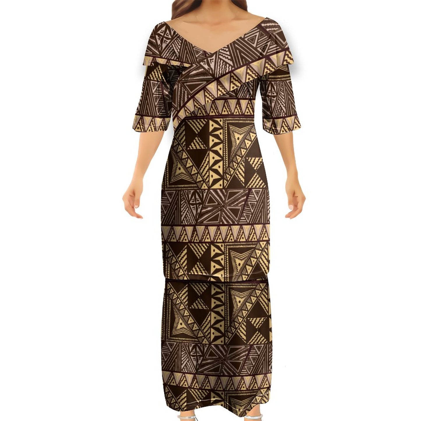 Ensemble kati jaune haut col croisé/jupe motif gatu