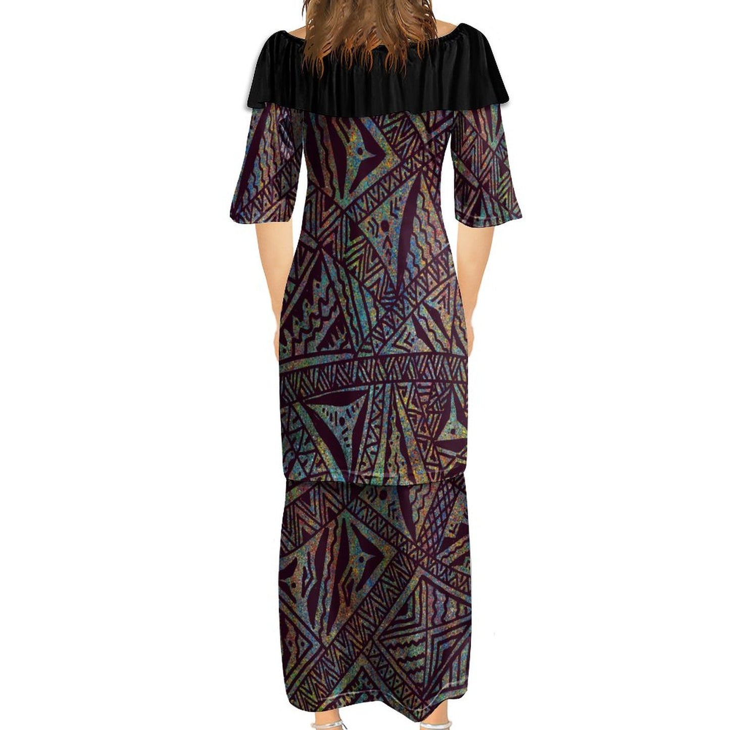 Ensemble kati noir haut col croisé/jupe motif gatu