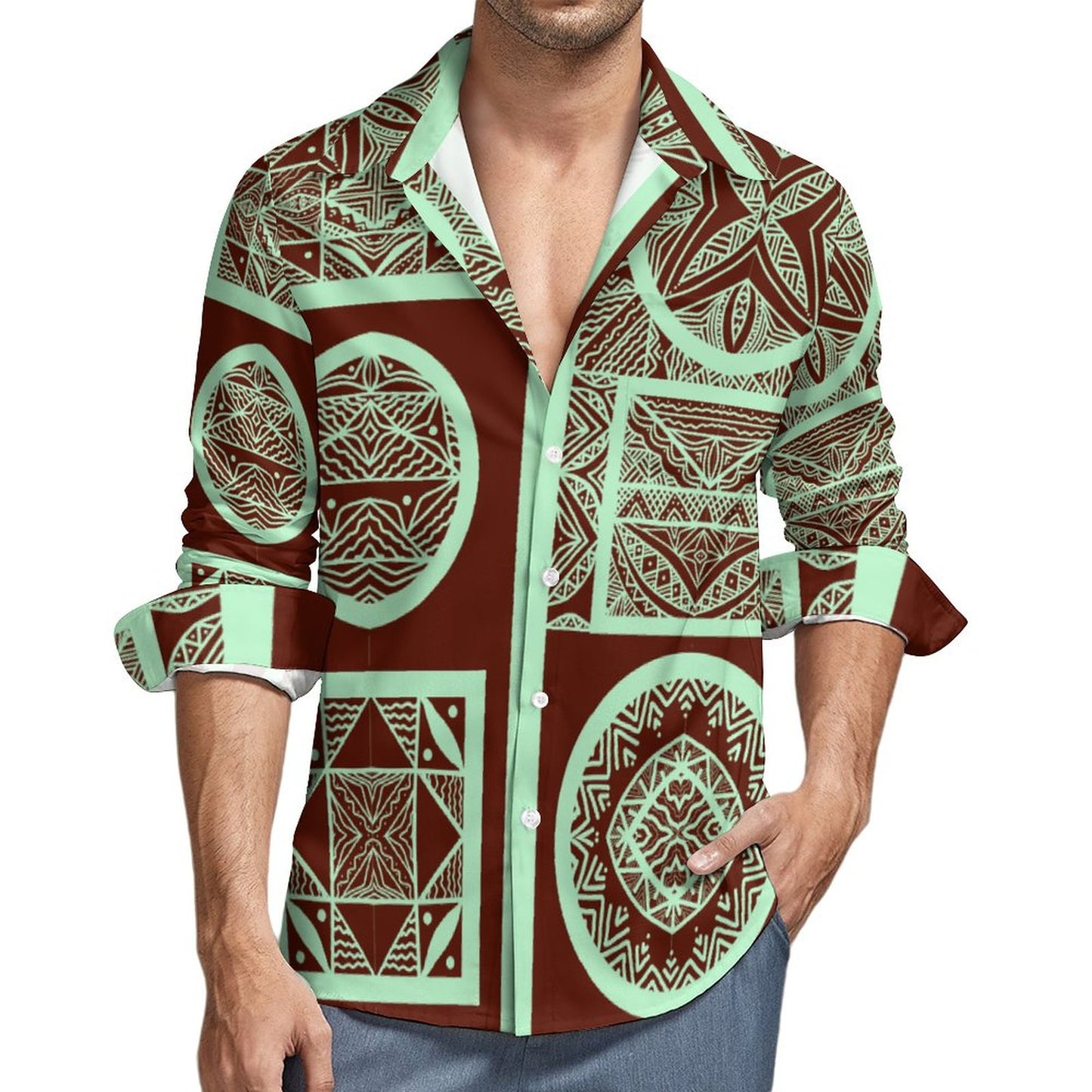 Chemise mata vert claire imprimée tapa
