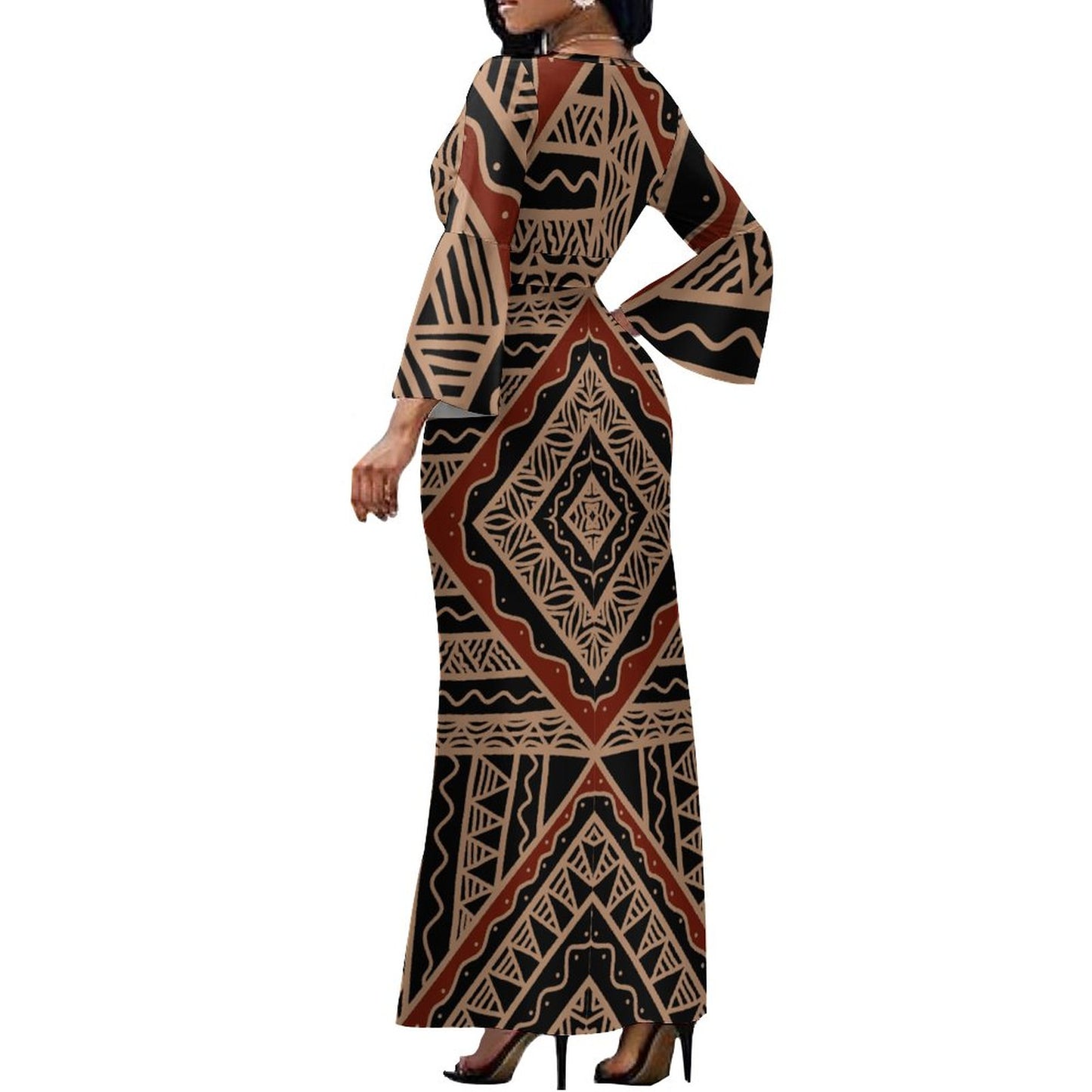 Robe longue marron col croisé/motif gatu