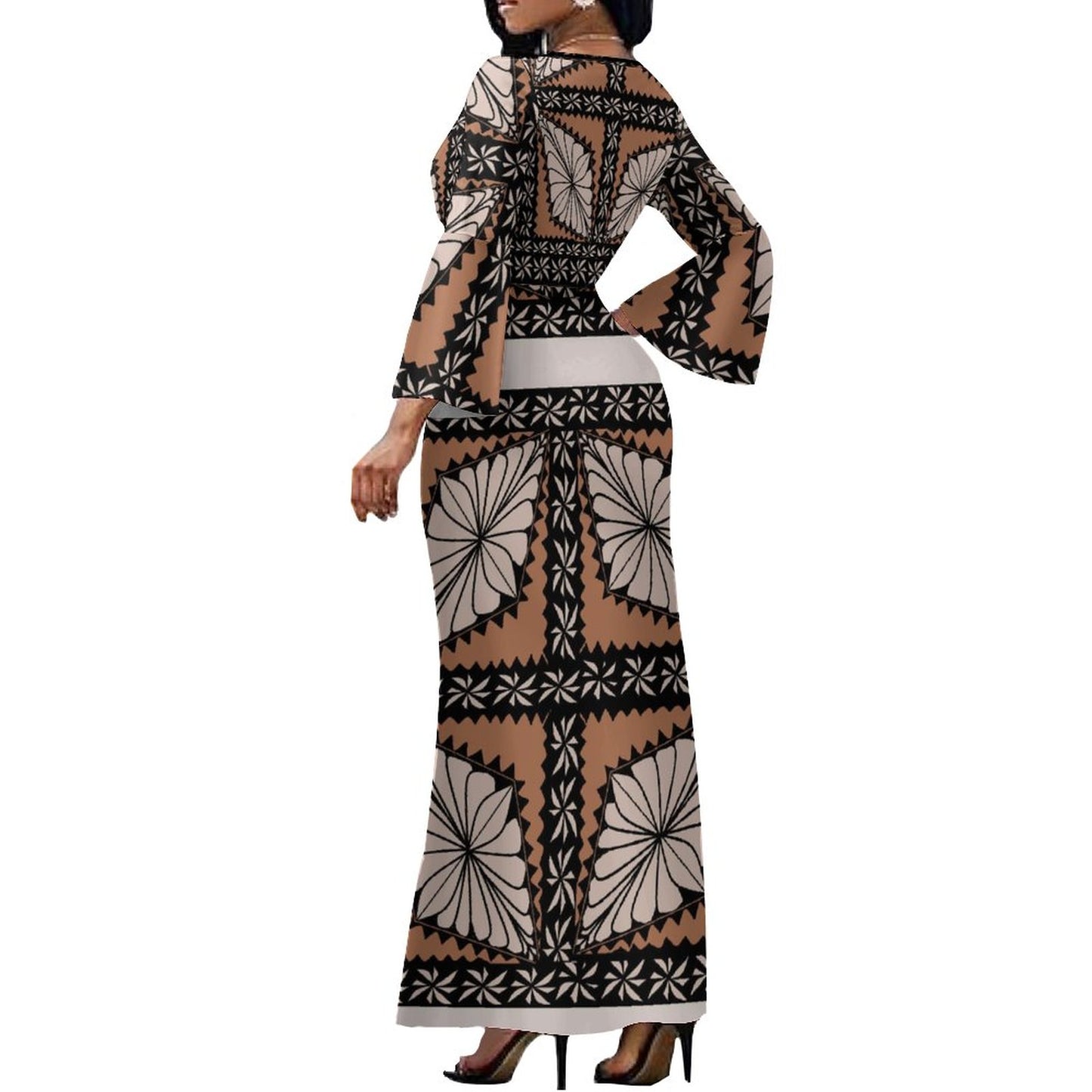 Robe longue marron col croisé/motif gatu toga