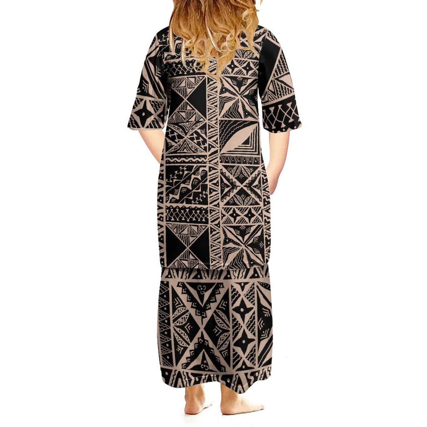 Ensemble haut/jupe fillette beige motif gatu