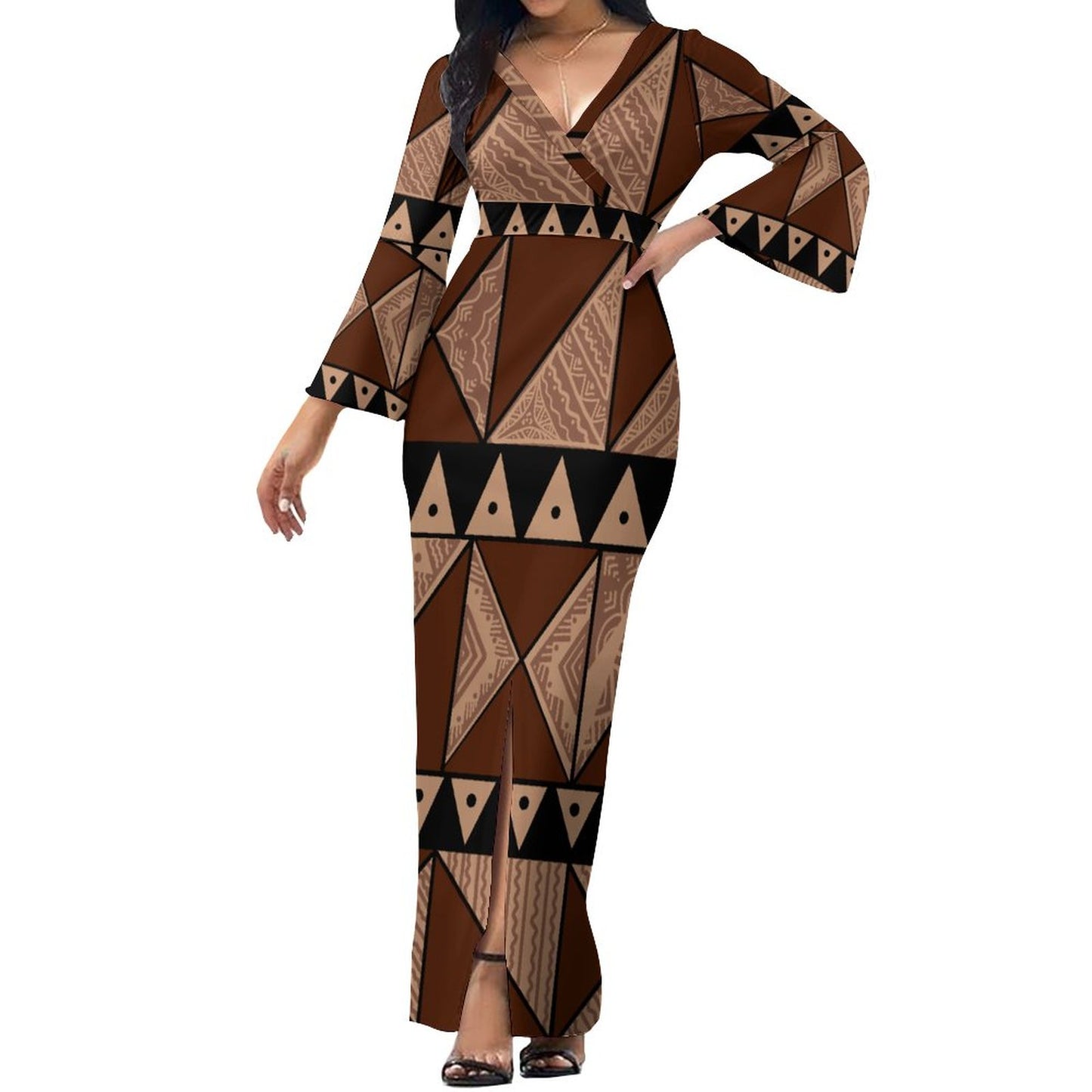 Robe longue beige col croisé/motif gatu