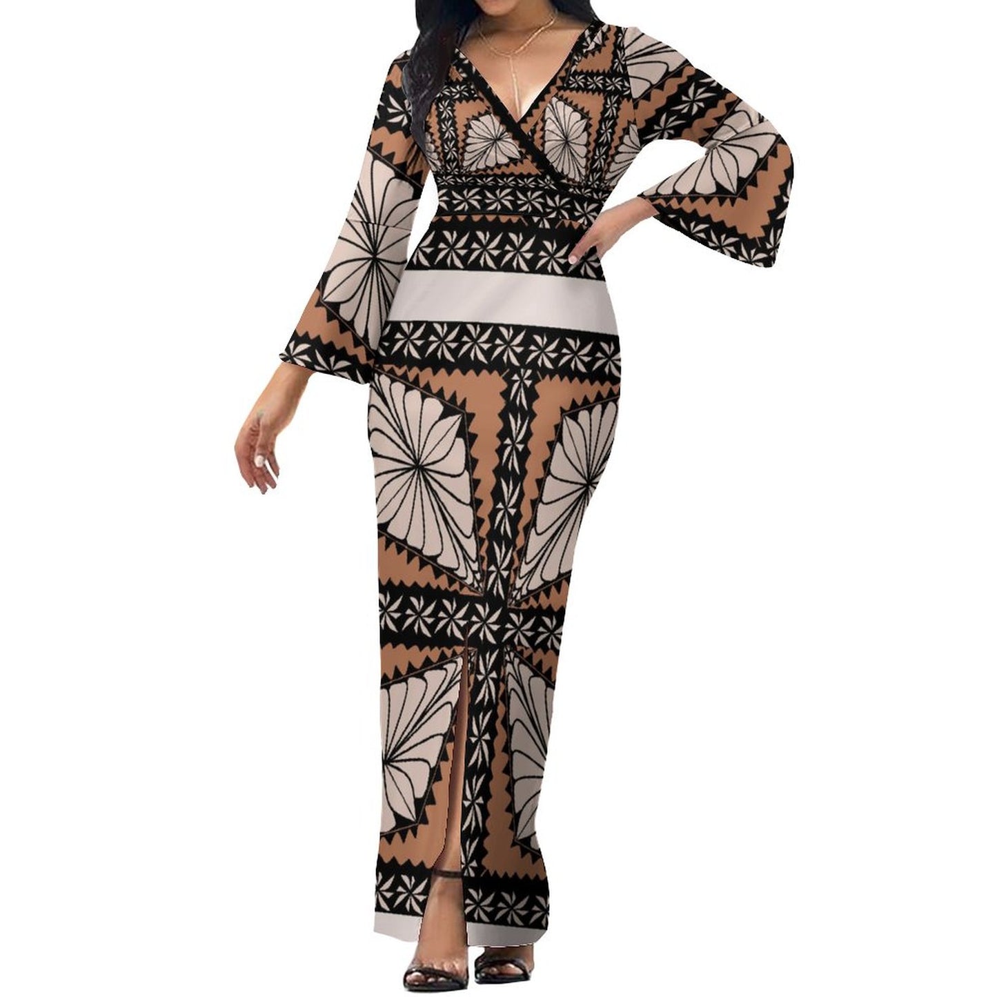 Robe longue marron col croisé/motif gatu toga