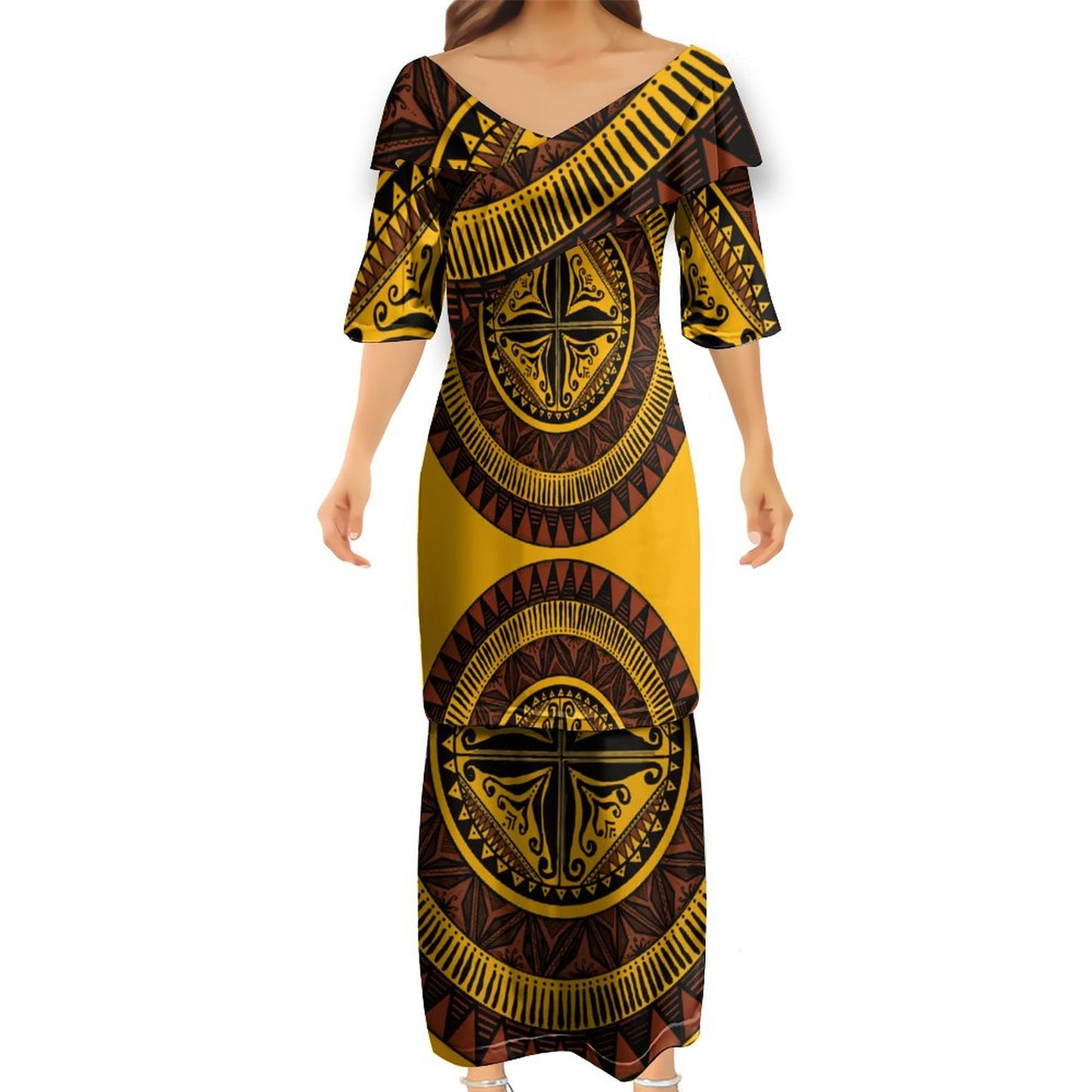 Ensemble kati jaune fluo haut col croisé/jupe motif gatu