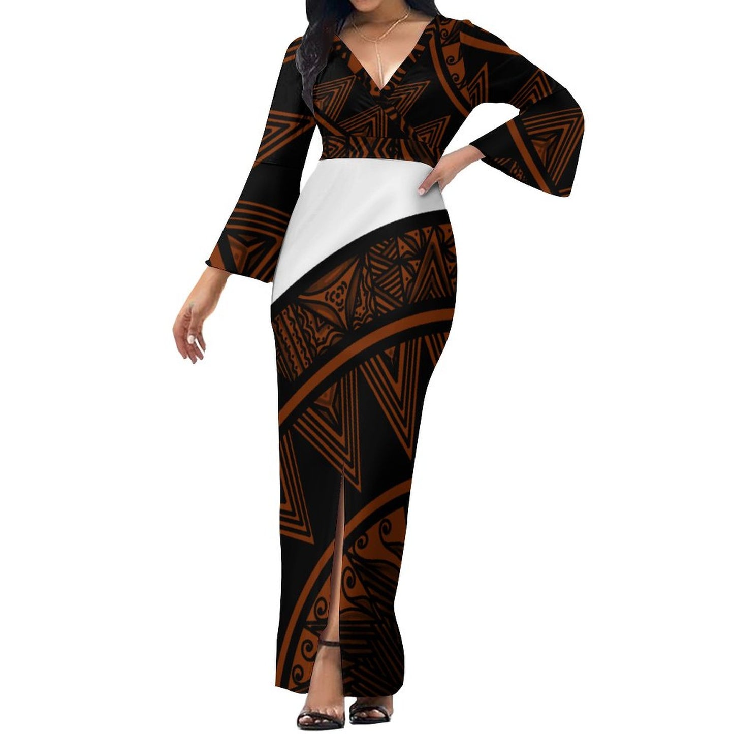 Robe longue noir col croisé/motif gatu