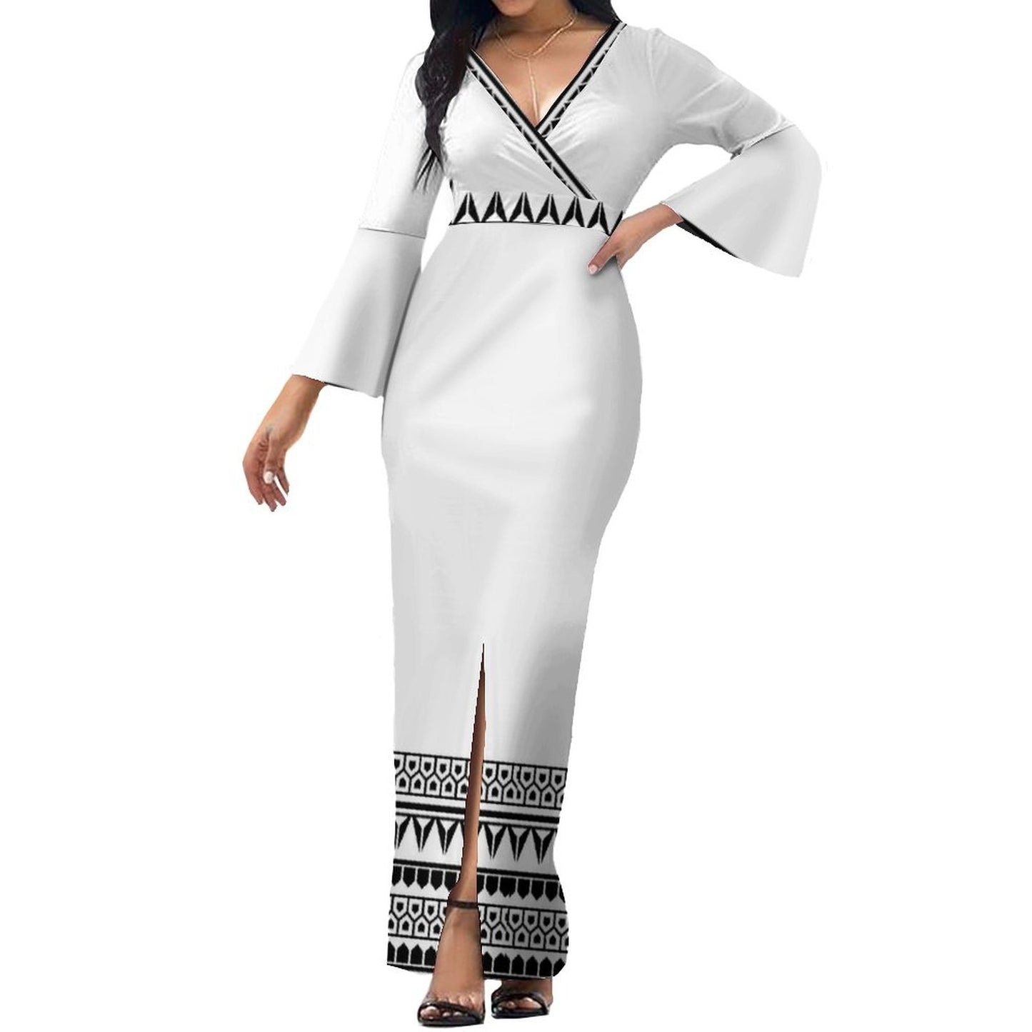Robe longue gris col croisé/motif gatu