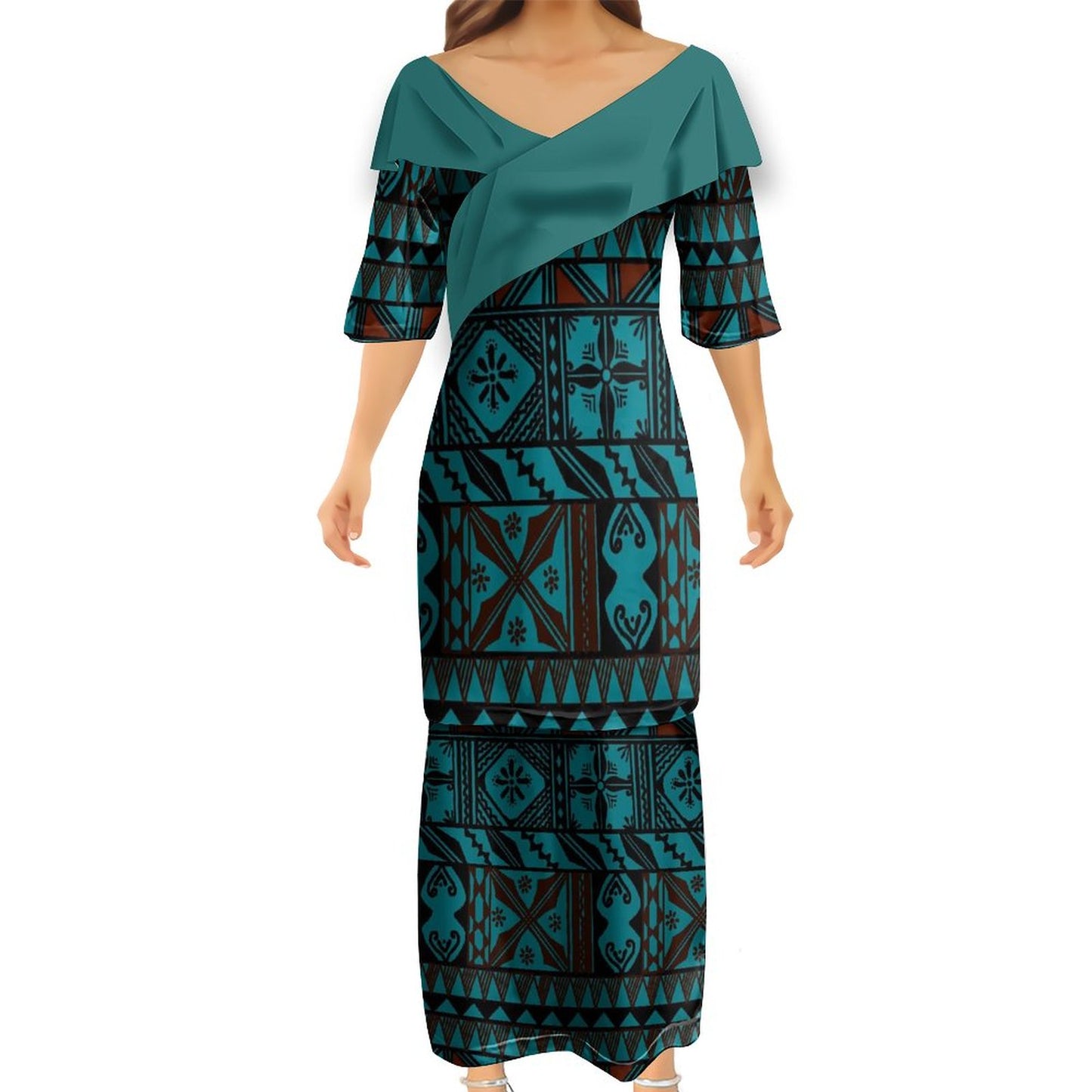 Ensemble kati bleu haut col croisé/jupe motif gatu