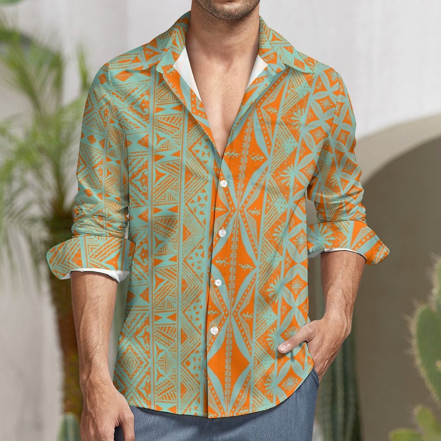 Chemise mata orange imprimée gatu