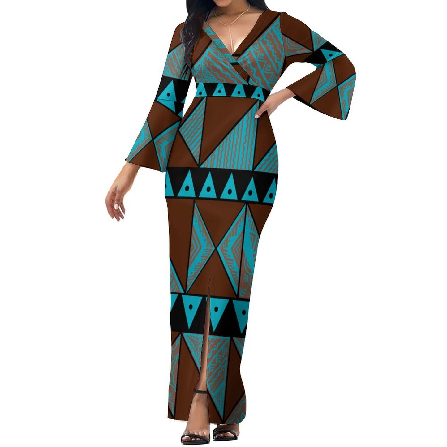 Robe longue bleu col croisé/motif gatu