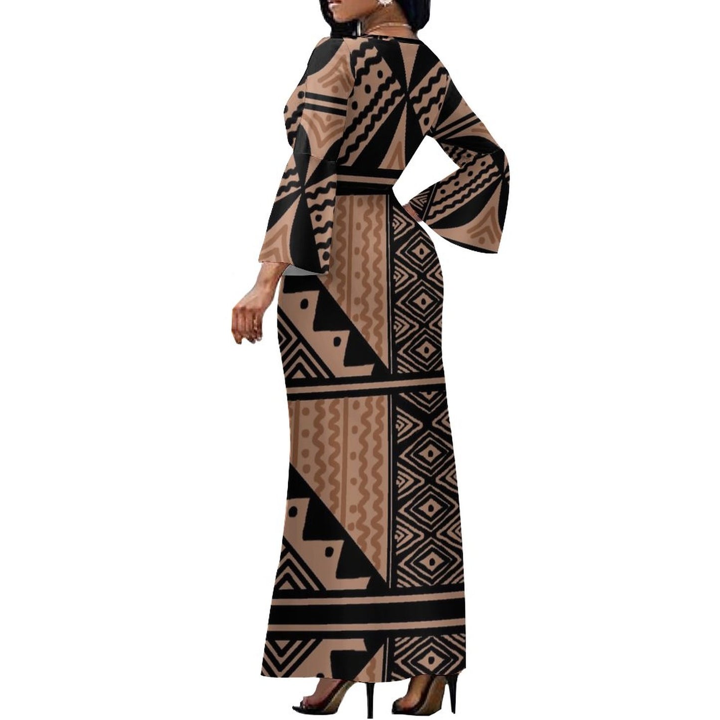 Robe longue marron col croisé/motif gatu