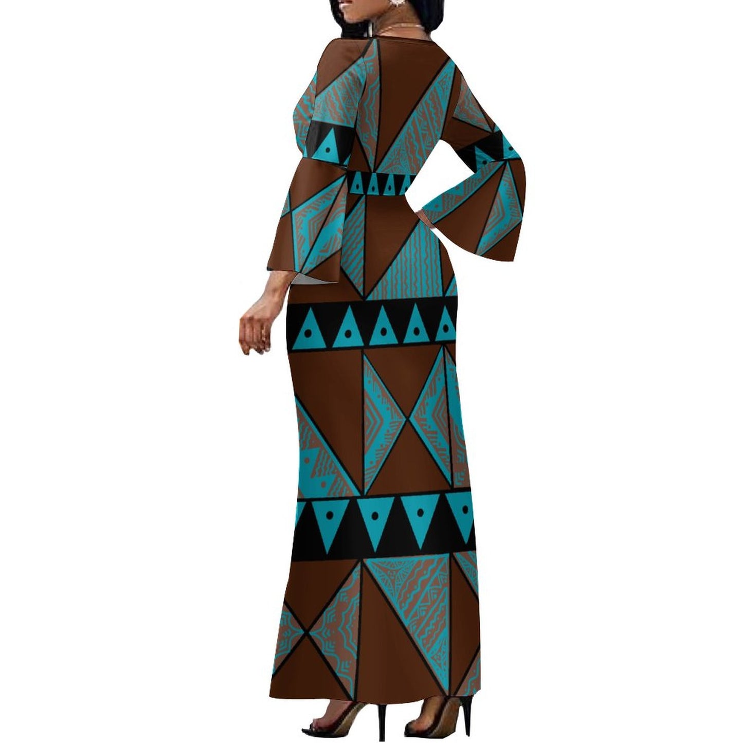 Robe longue bleu col croisé/motif gatu