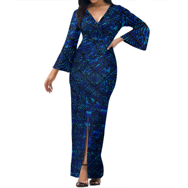 Robe longue col croisé bleu/noir