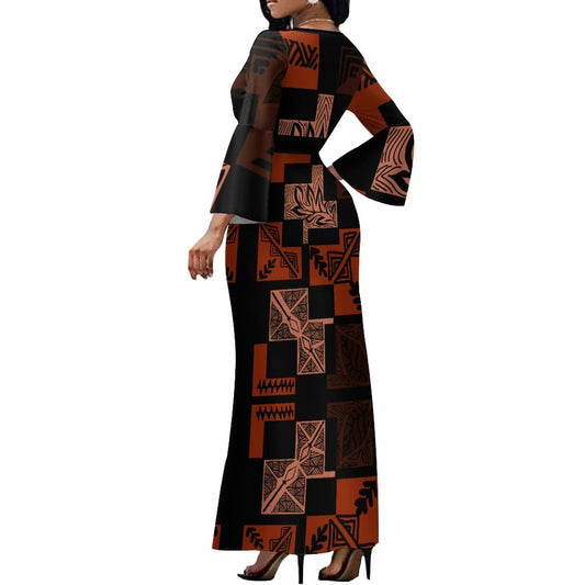 Robe longue noir col croisé / motif tapa