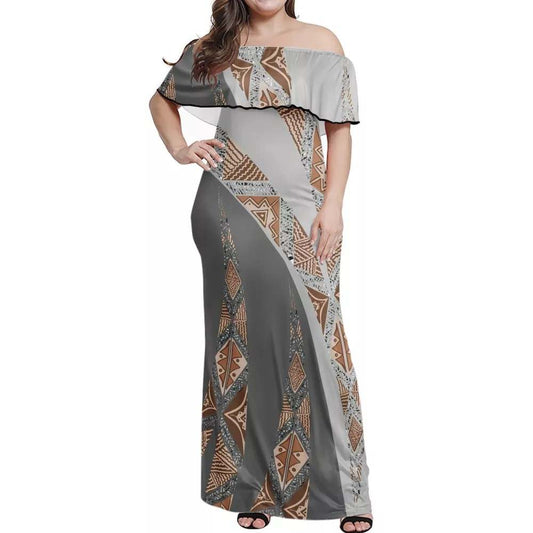 Robe longue bicolore Gris claire/foncé imprimée