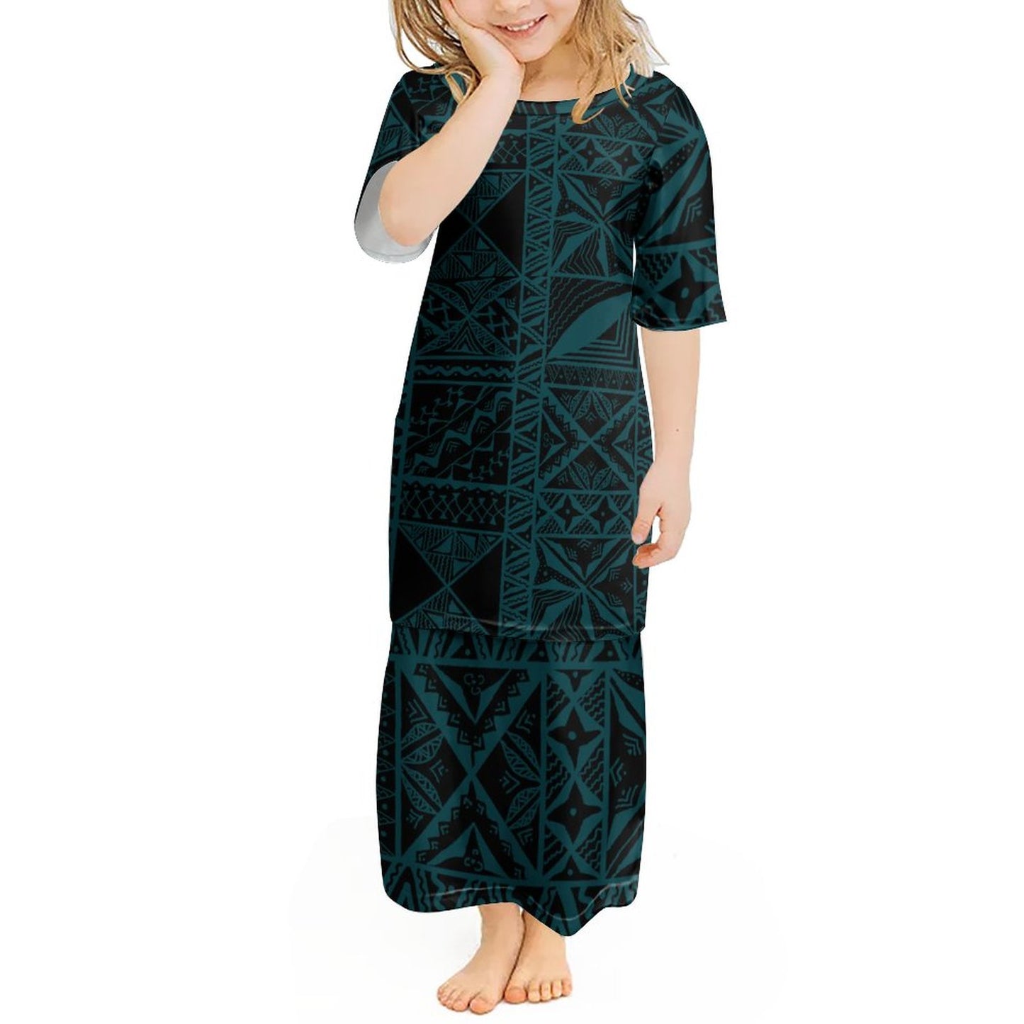 Ensemble haut/jupe fillette vert motif gatu