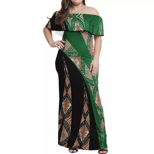 Robe longue bicolore vert/noire imprimée