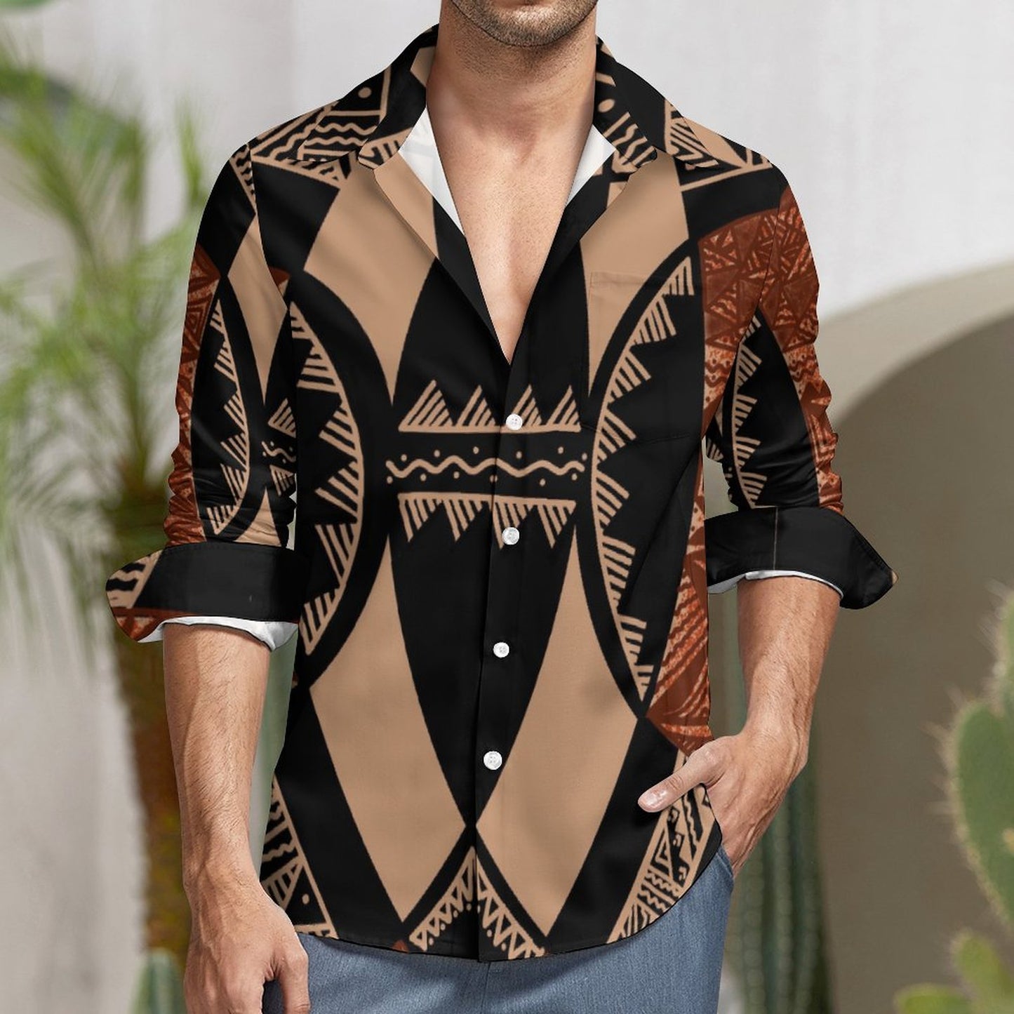 Chemise mata beige imprimée tapa