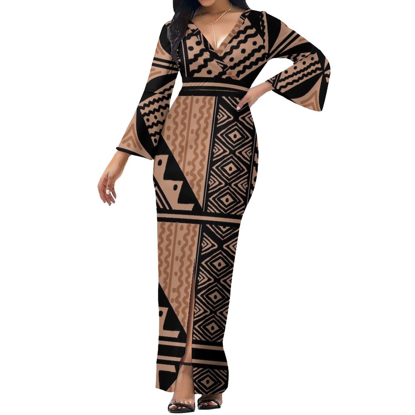 Robe longue marron col croisé/motif gatu