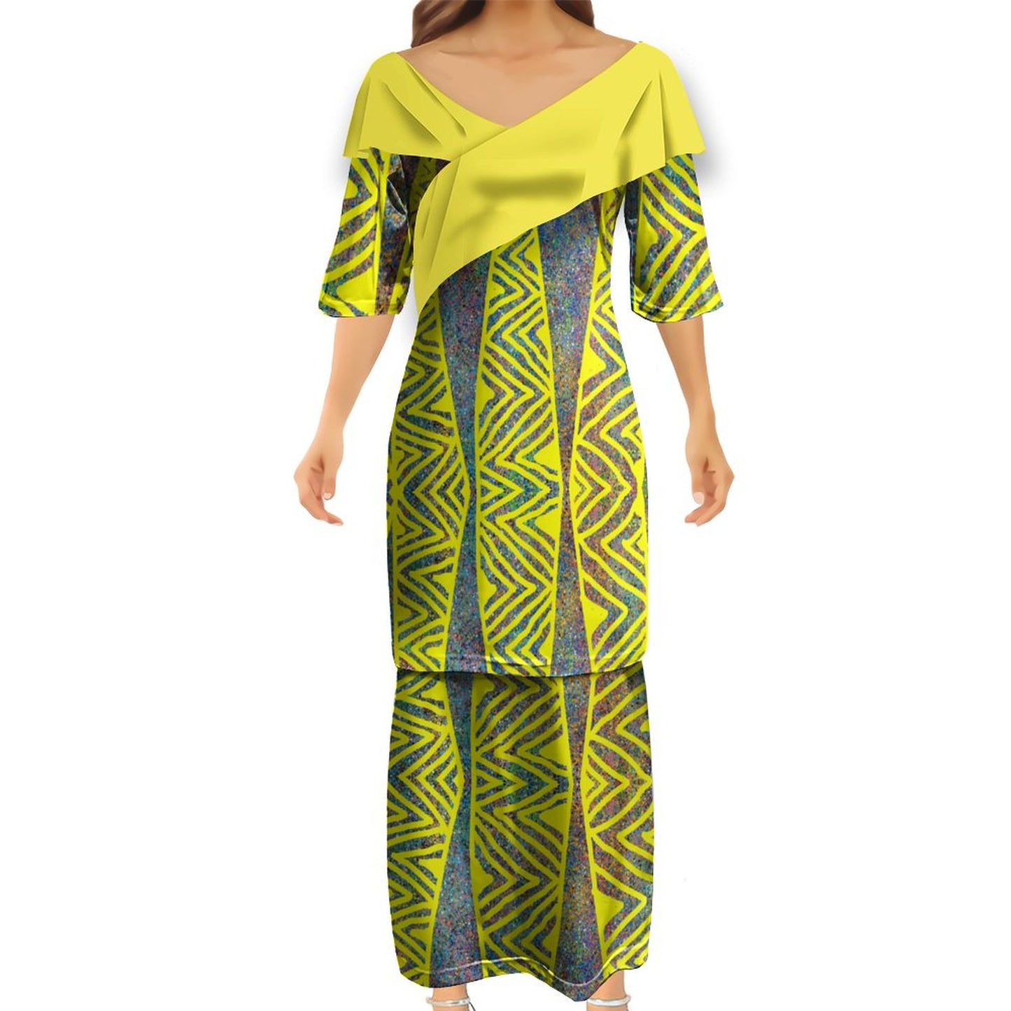 Ensemble kati jaune fluo haut col croisé/jupe motif gatu