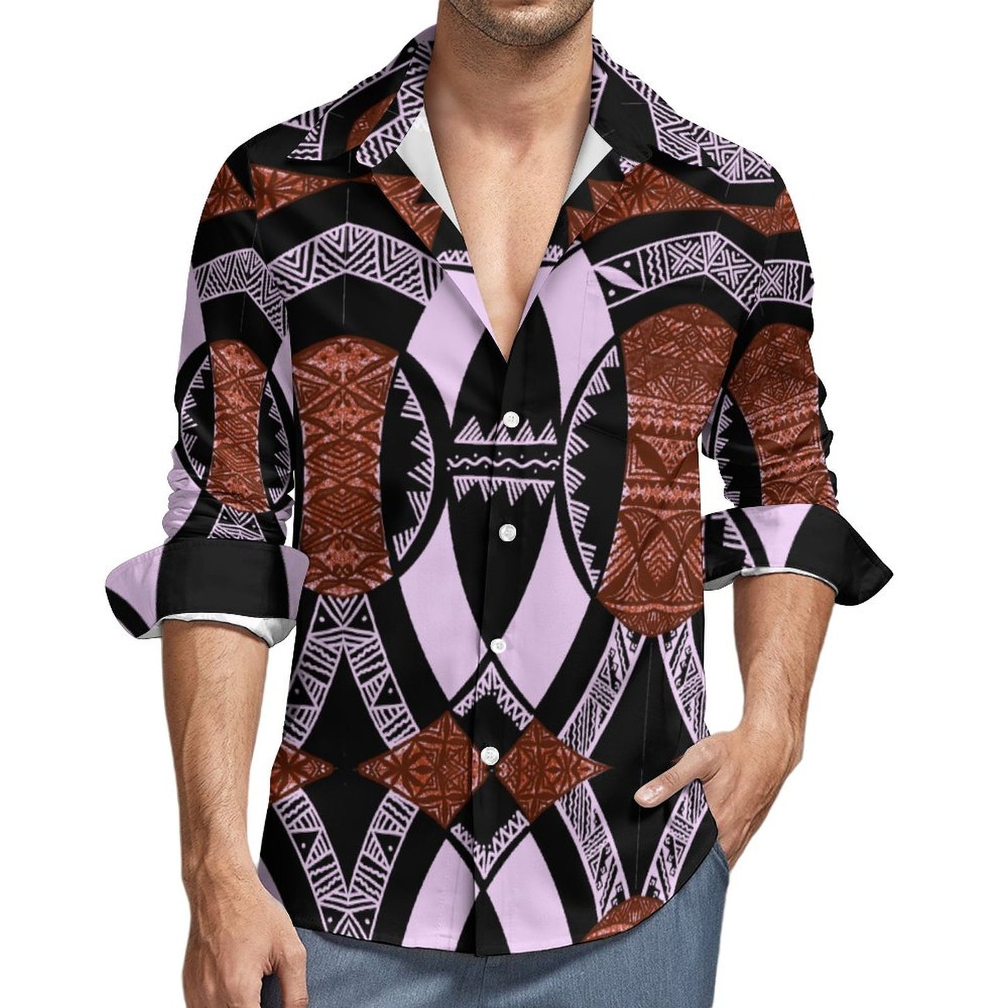Chemise mata violet imprimée tapa