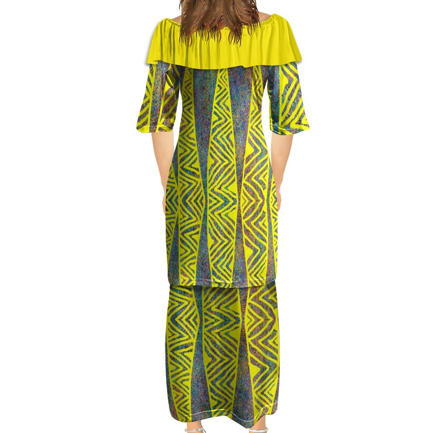 Ensemble kati jaune fluo haut col croisé/jupe motif gatu