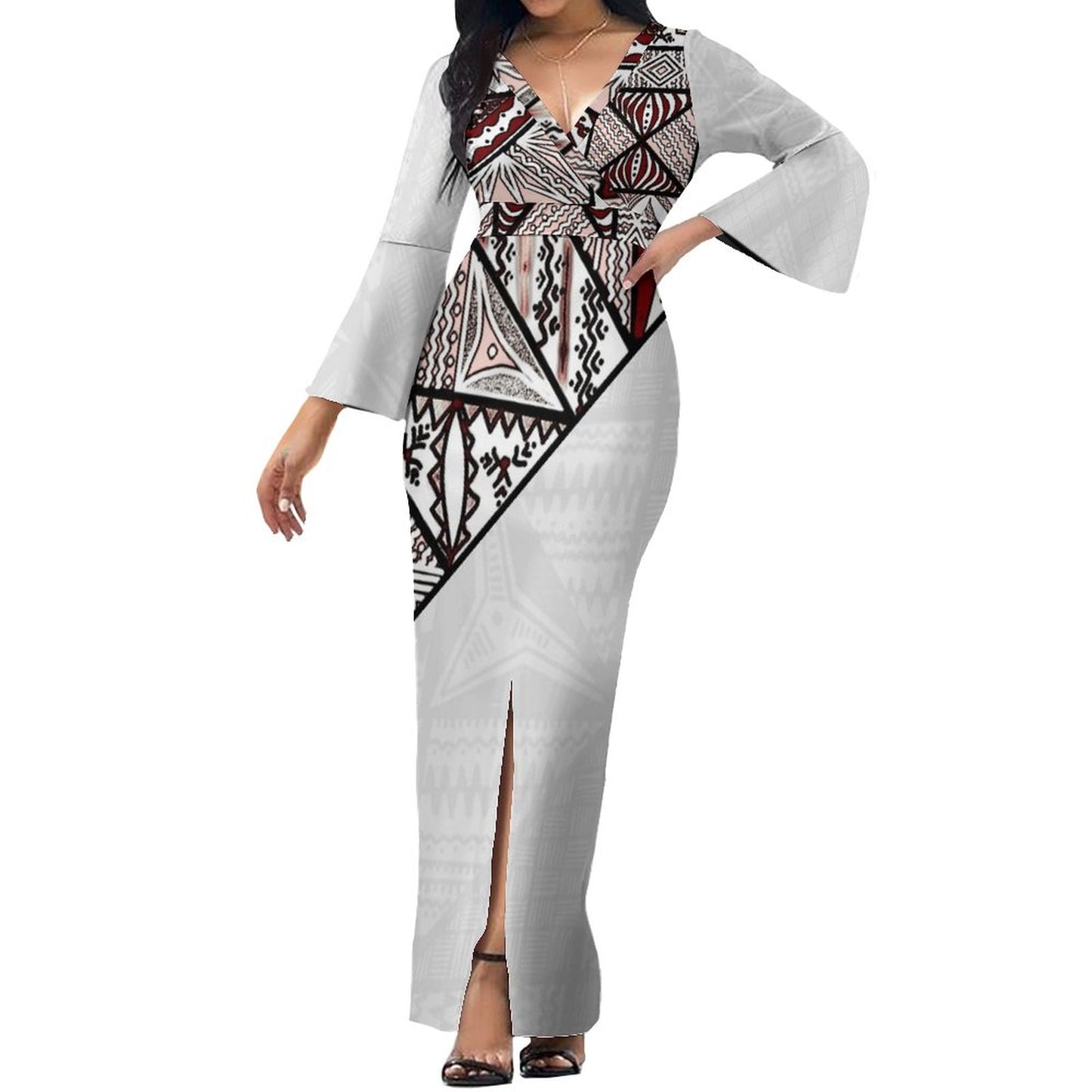 Robe longue gris col croisé/motif gatu