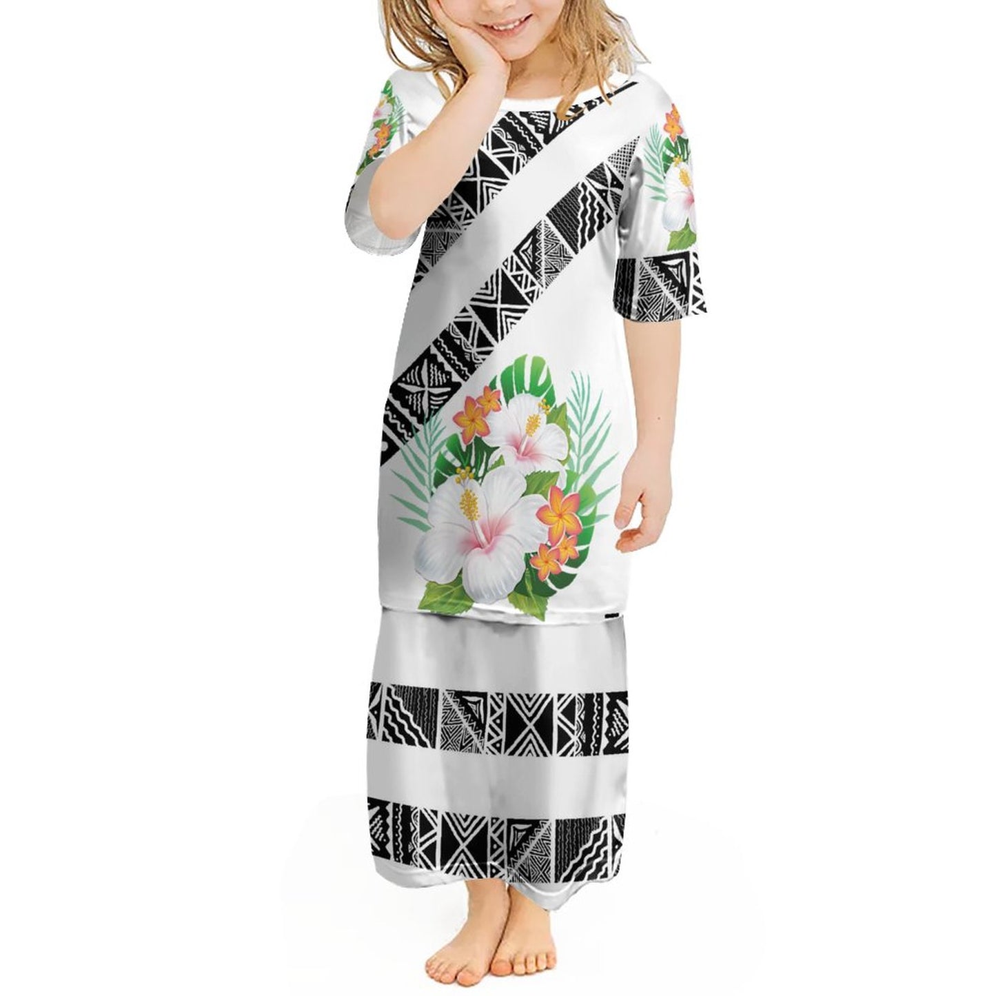 Ensemble haut/jupe fillette blanc motif gatu/fleur