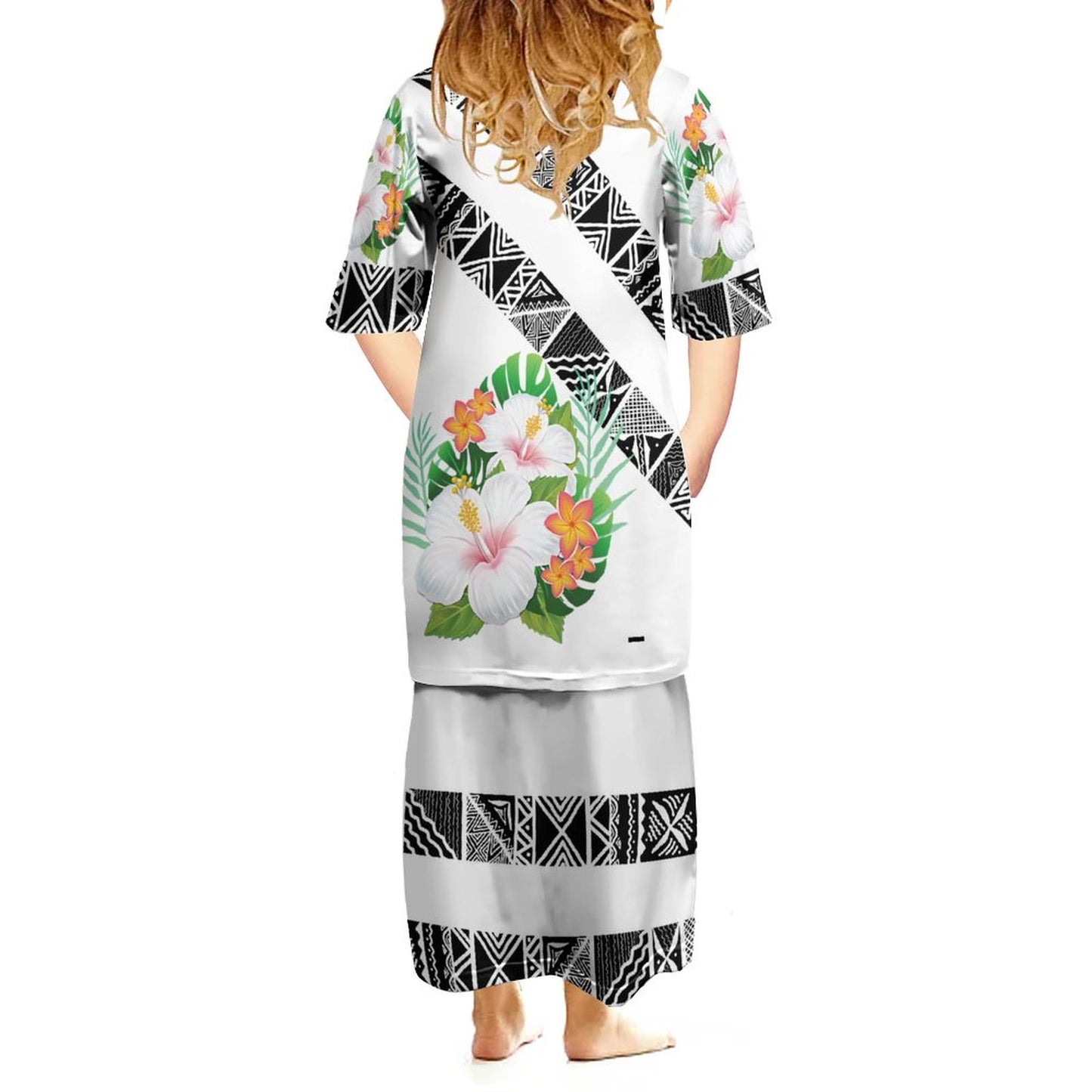Ensemble haut/jupe fillette blanc motif gatu/fleur