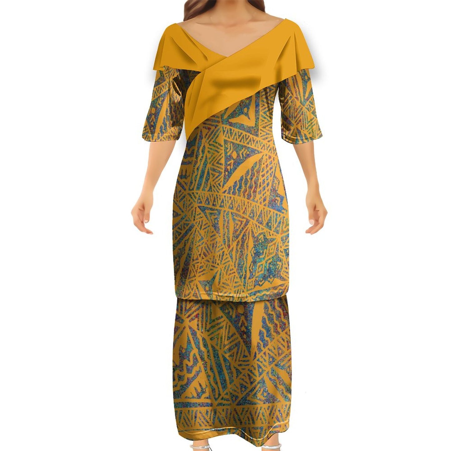 Ensemble kati jaune haut col croisé/jupe motif gatu