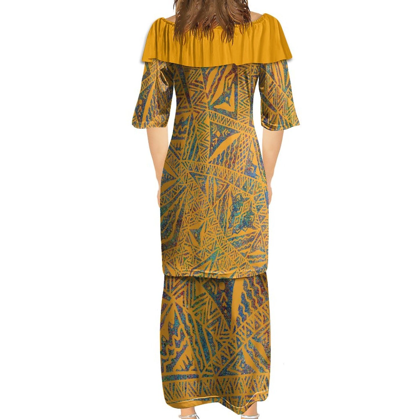 Ensemble kati jaune haut col croisé/jupe motif gatu