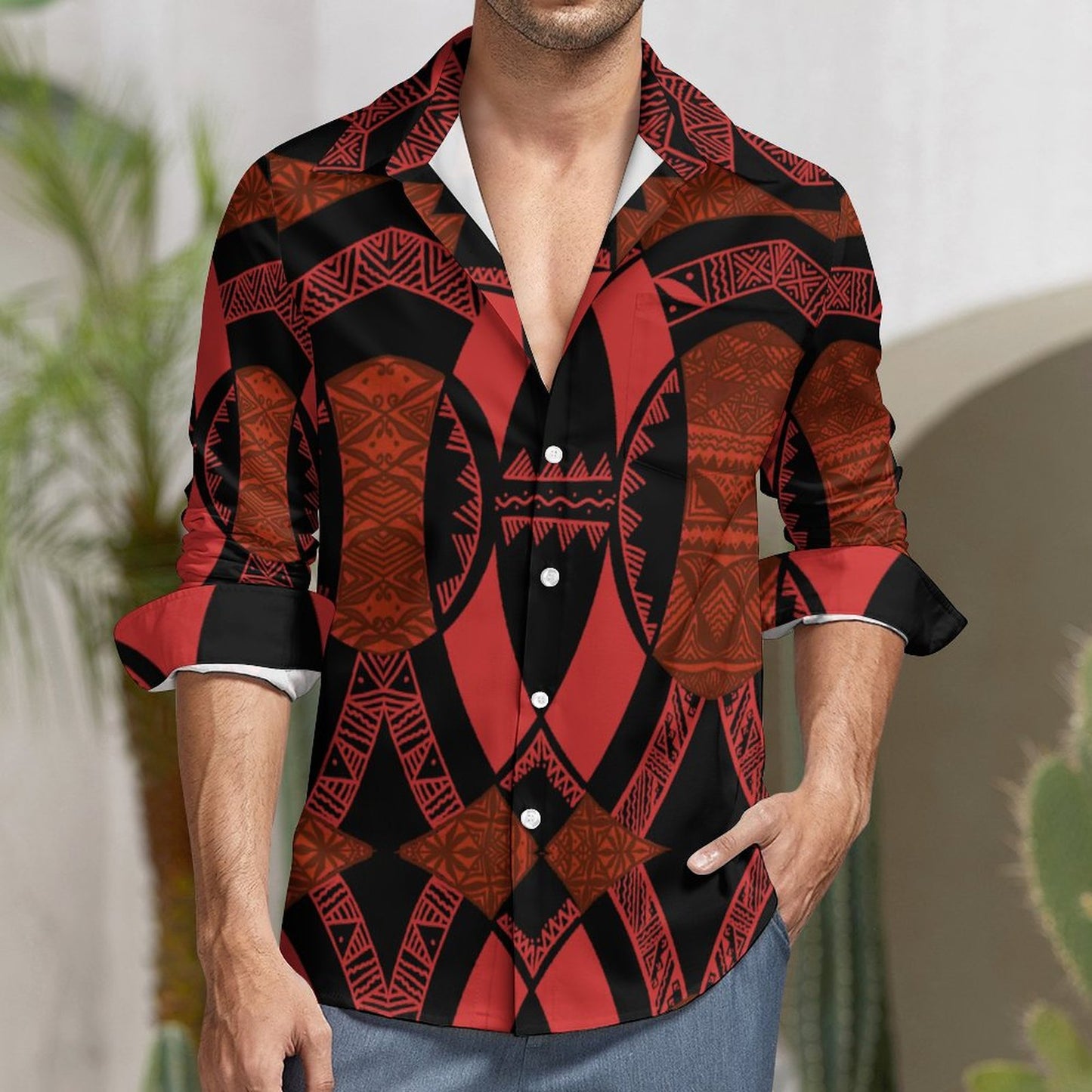 Chemise mata rouge fluo imprimée tapa