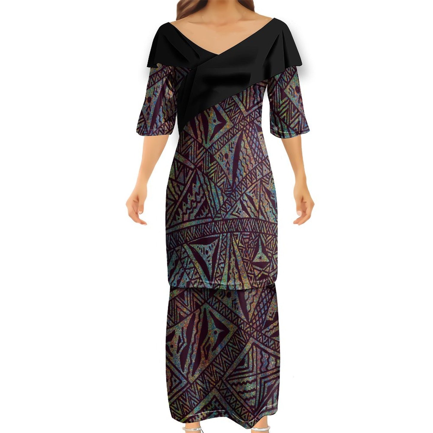 Ensemble kati noir haut col croisé/jupe motif gatu