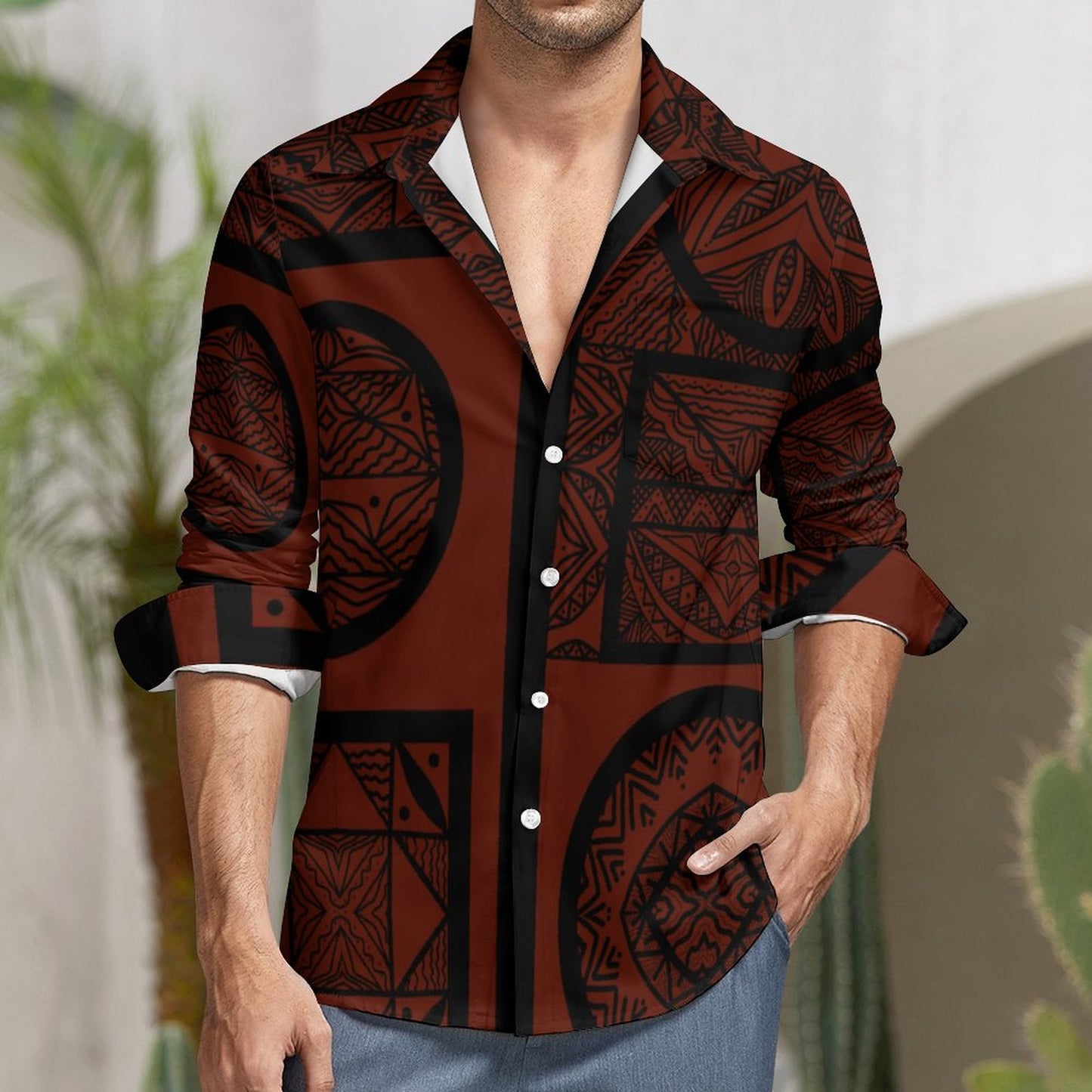 Chemise mata rouge bordeaux imprimée tapa