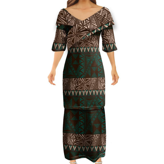 Ensemble kati vert foncé haut col croisé/jupe motif gatu
