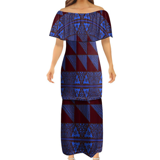 Ensemble haut/jupe bleue motif gatu