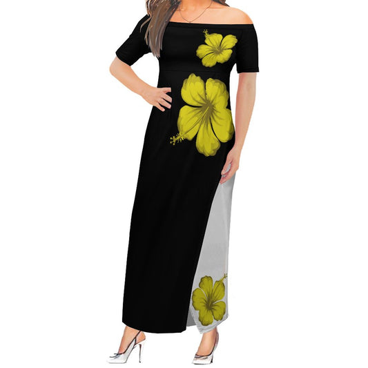 Robe longue bicolore noire/blanc motif à fleur