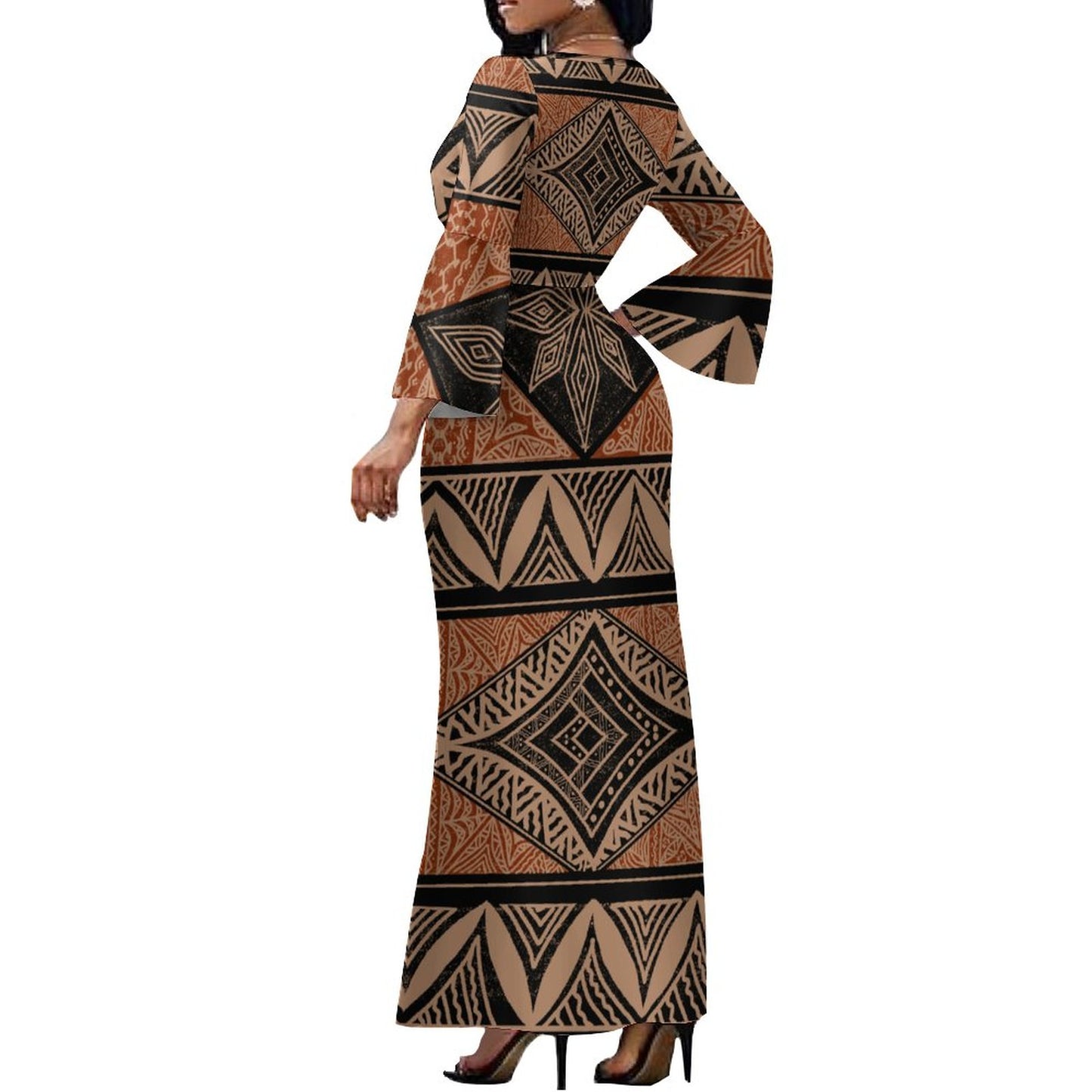 Robe longue marron col croisé/motif gatu