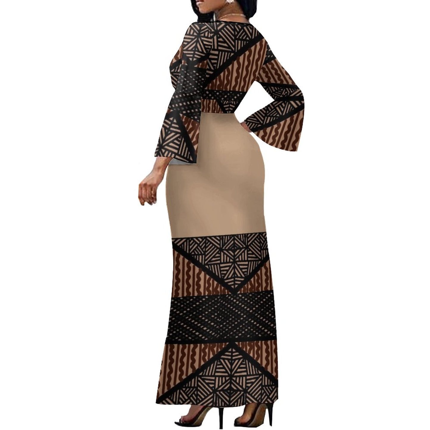 Robe longue beige col croisé/motif gatu