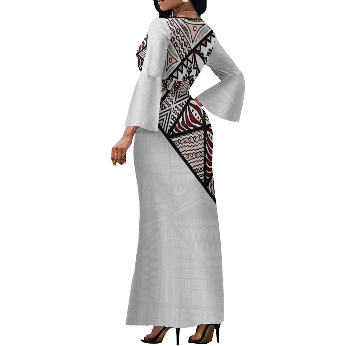 Robe longue gris col croisé/motif gatu