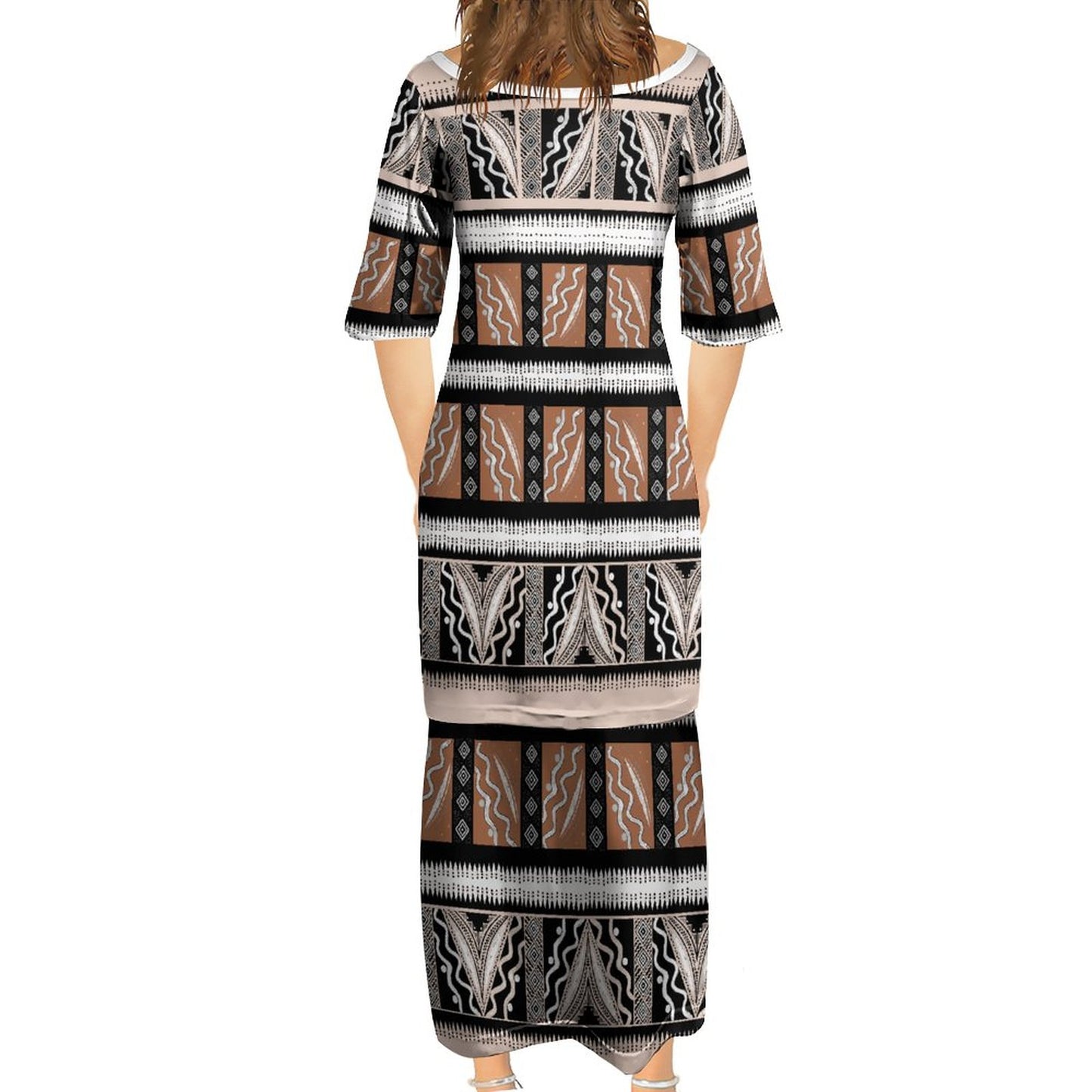 Ensemble haut/jupe marron motif tapa