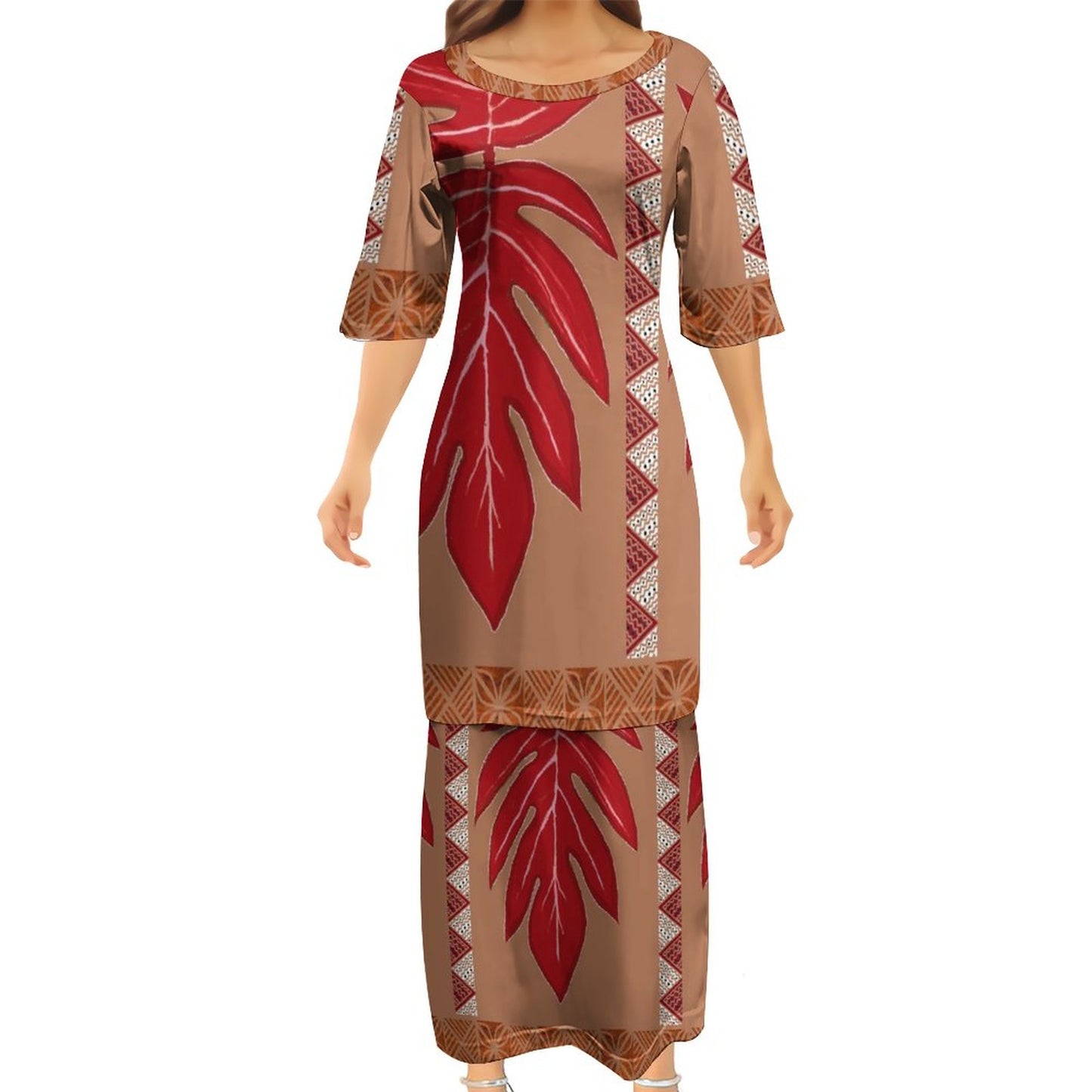 Ensemble haut/jupe marron motif feuille/gatu
