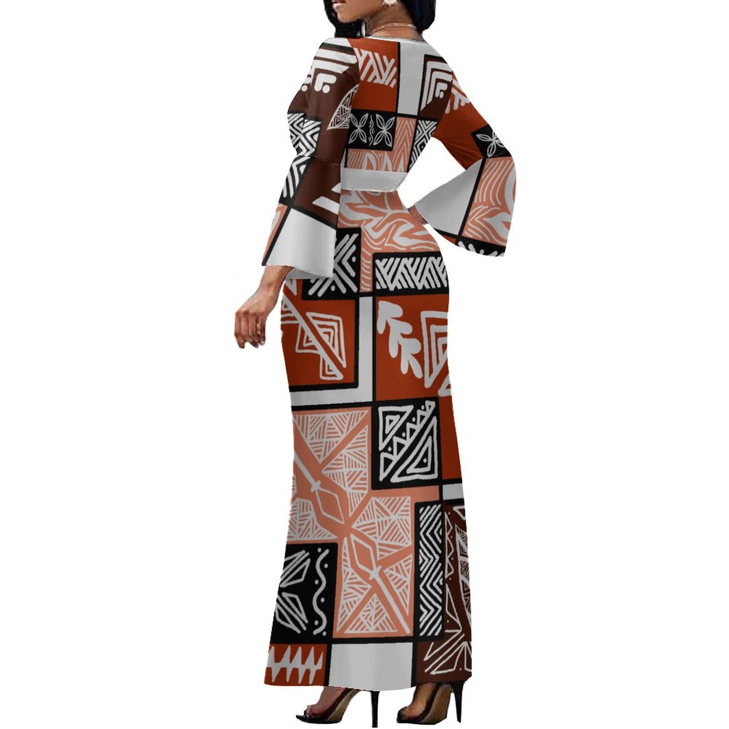 Robe longue col croisé/motif feuille-tapa