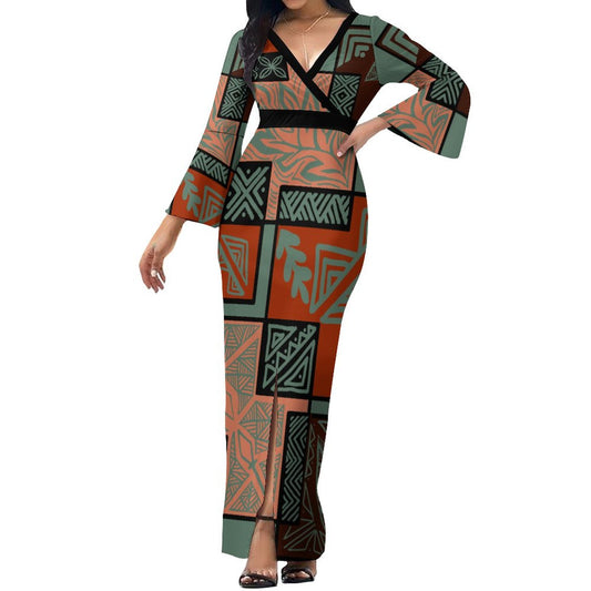 Robe longue vert/motif tapa-feuille